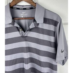 Nike Golf‎ Polo Shirt Mens Medium Gray Dri-Fit Striped Short Sleeve Performance